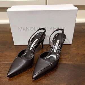 Manolo Blahnik Dark Brown Leather Pointed Slingback Pumps with Studded Insole